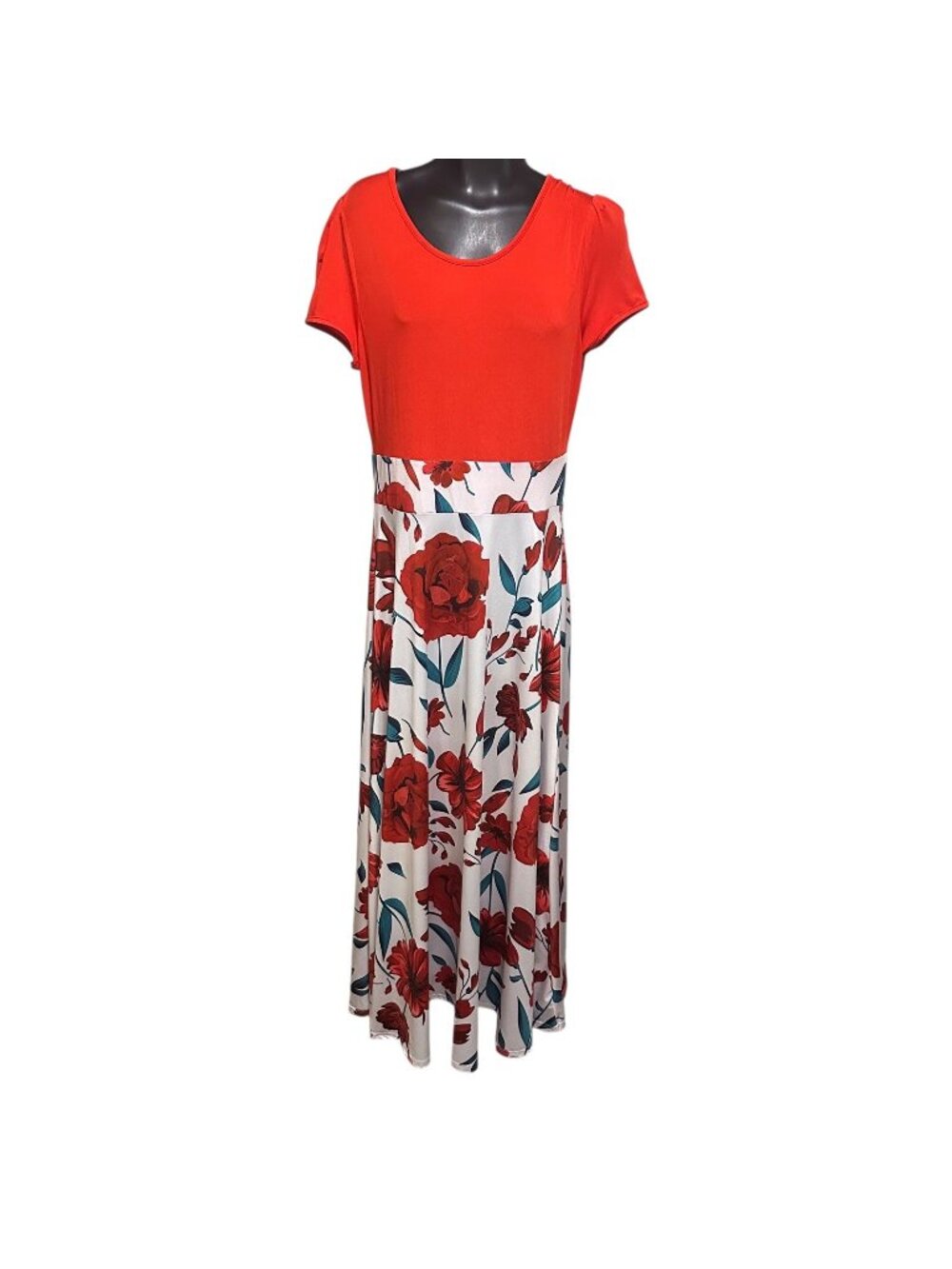 CBR Floral Maxi Dress Womens L Red A-Line Stretch Short Sleeve